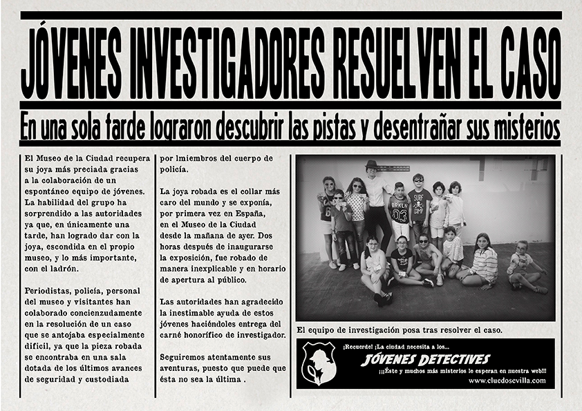 Noticia sobre los jóvenes investigadores del Club de Jóvenes Detectives de Cluedo Sevilla